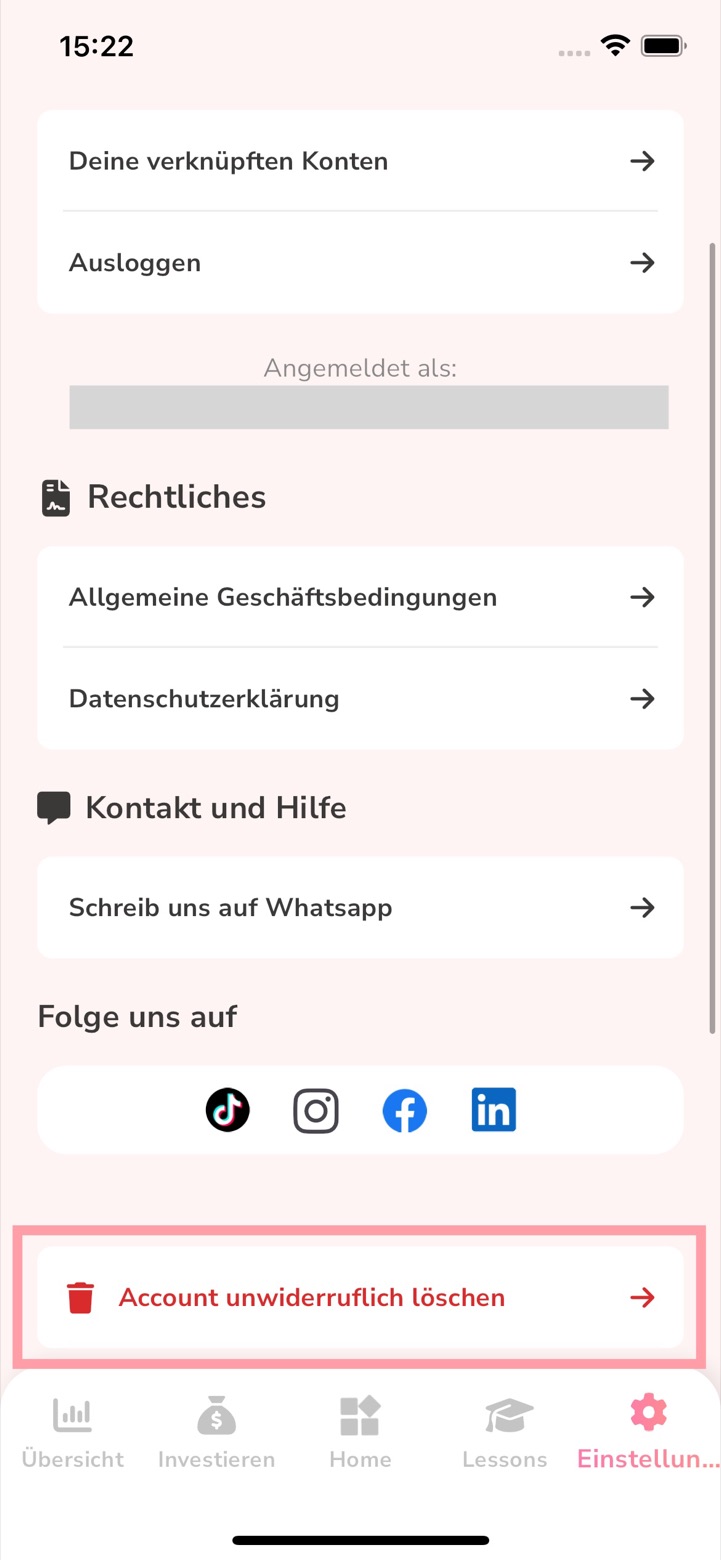 Screenshot der Pigtie App: im Reiter Einstellungen ganz unten der rot markierte Eintrag „Account unwiderruflich löschen“